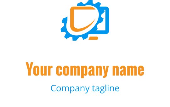 Modernes blaues und oranges Logo-Design mit einem stilisierten Computer und Werkzeugen